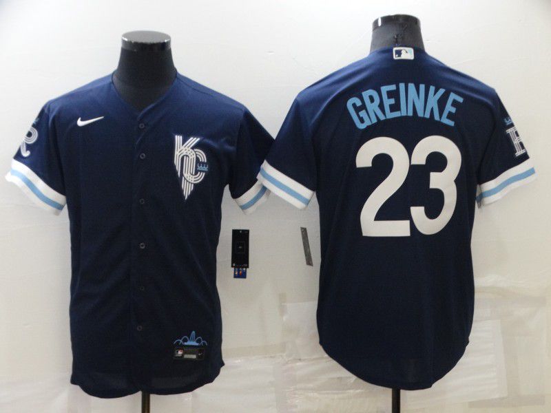 Men Kansas City Royals 23 Greinke Blue City Edition Game Nike 2022 MLB Jersey